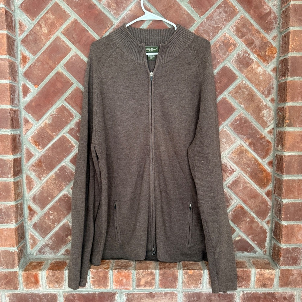 Eddie Bauer Full Zip Cardigan Sweater Mens XL Tall Brown SmartFabric Mock Neck